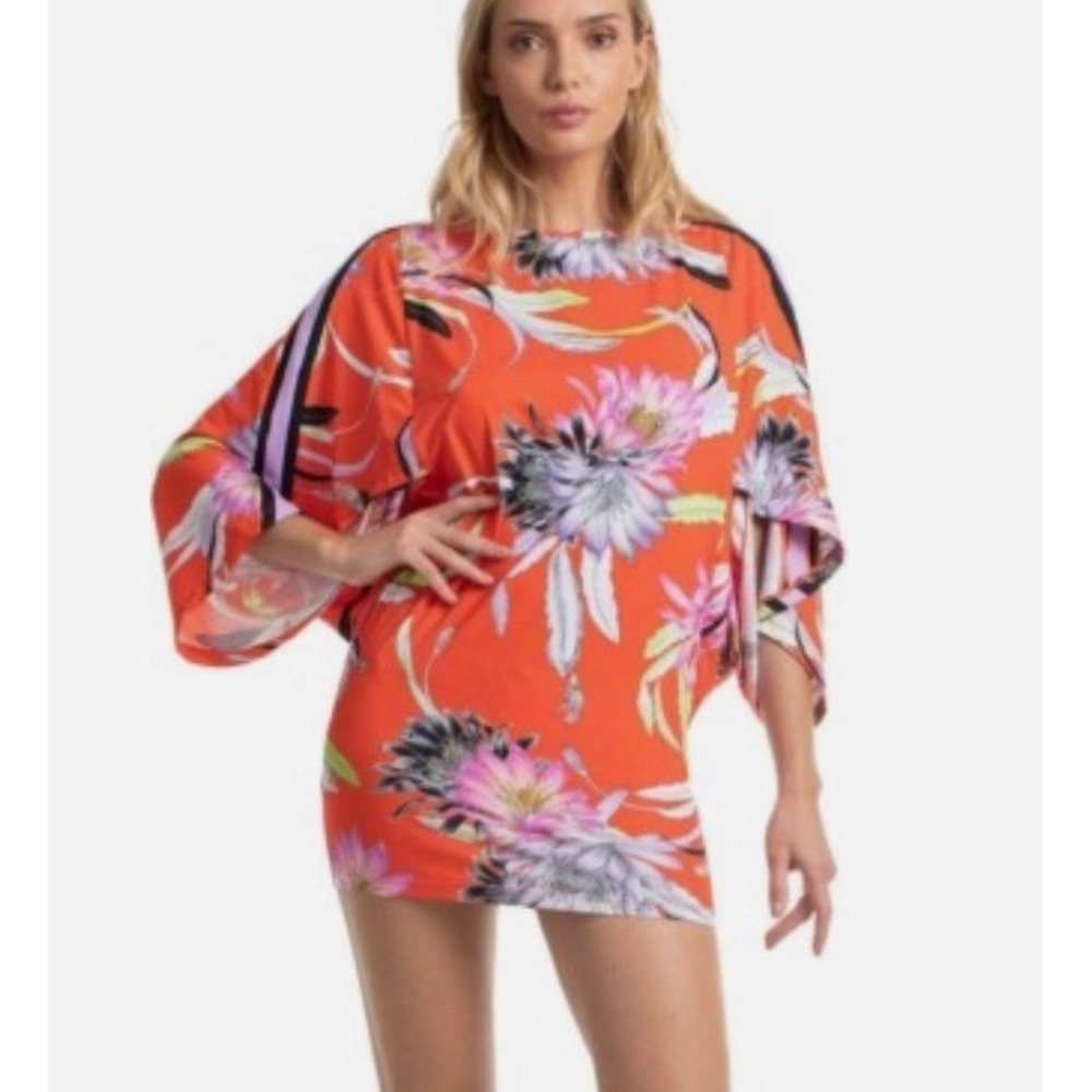 Trina Turk Shangri La Floral Caftan Swim Cover Up Tunic Orange Multiâ XS NEW